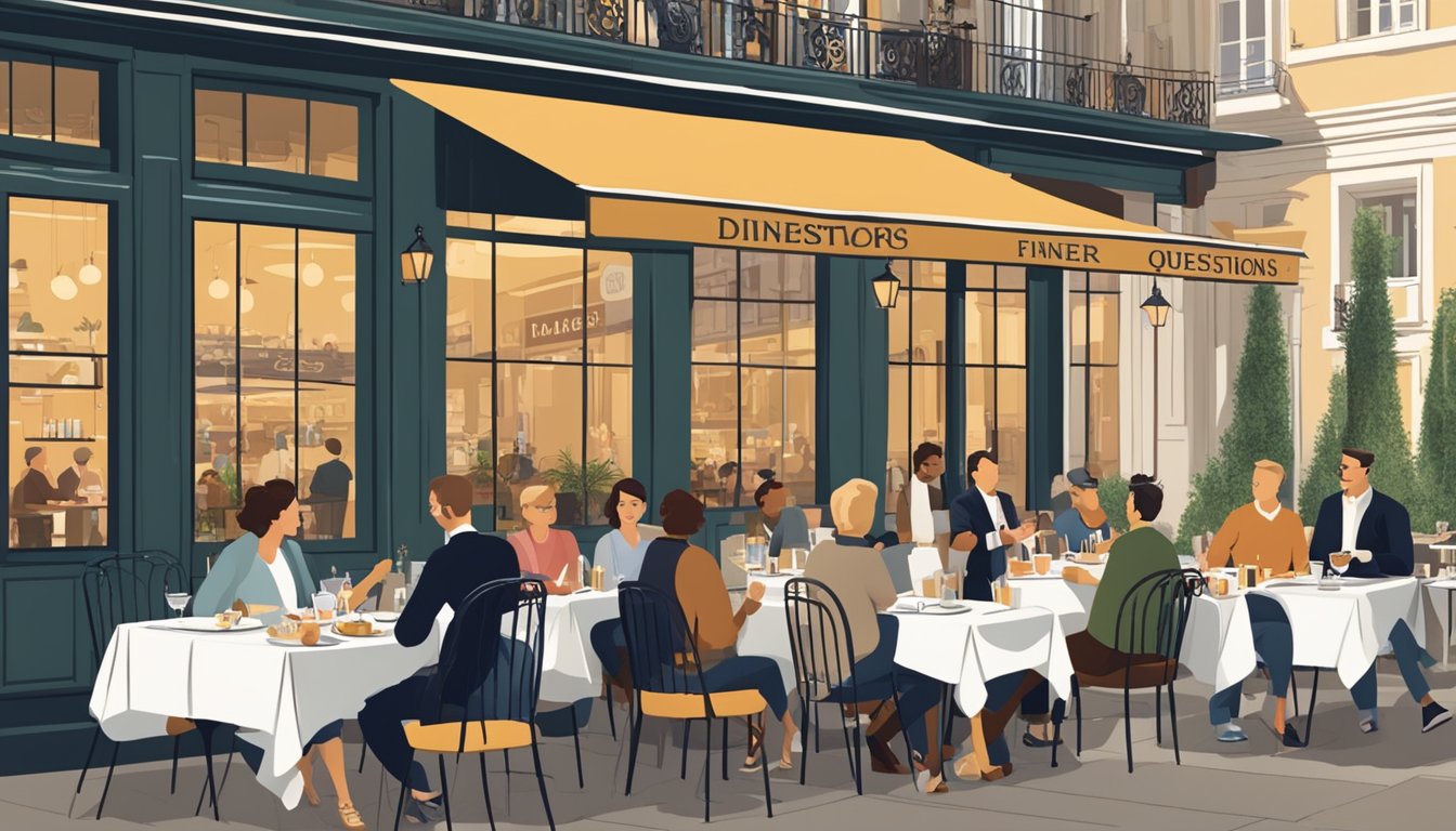 A bustling French restaurant with a sign reading "Frequently Asked Questions" and diners enjoying meals at outdoor tables