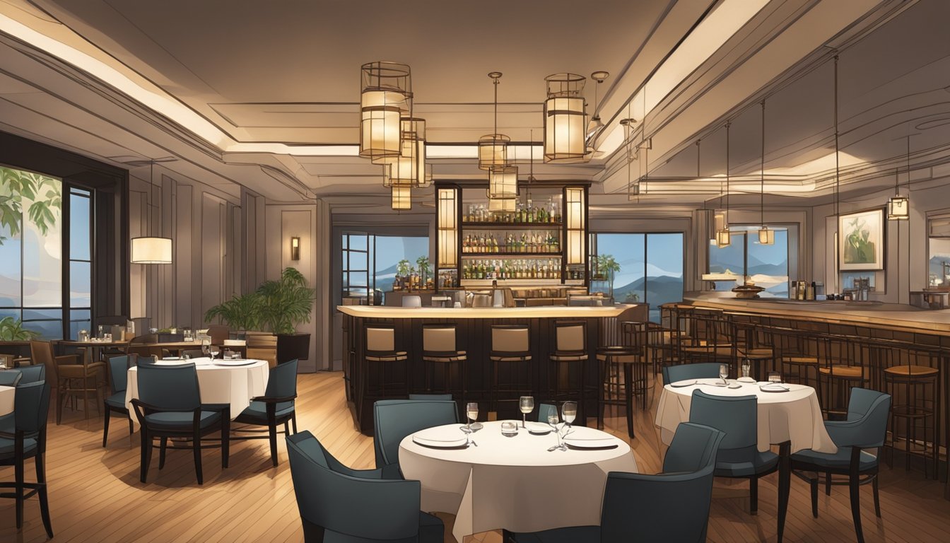 The restaurant's warm lighting and elegant decor create a cozy and inviting atmosphere. The space features modern furnishings and a stylish bar area, with subtle hints of Asian-inspired design elements throughout
