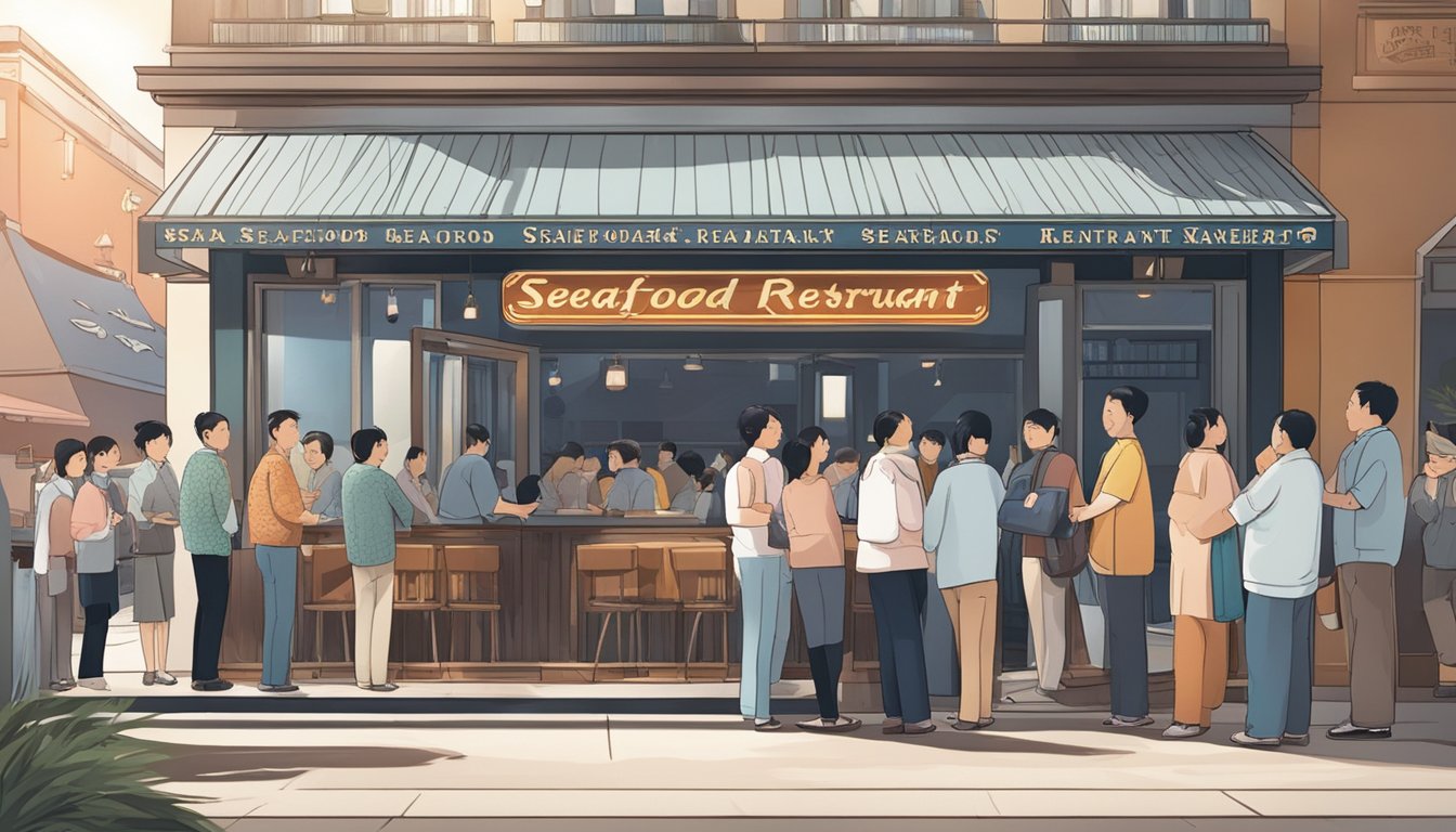 Customers line up outside the bustling seafood restaurant, eagerly waiting to dine. The signboard displays the restaurant's name and logo, while the aroma of sizzling seafood fills the air