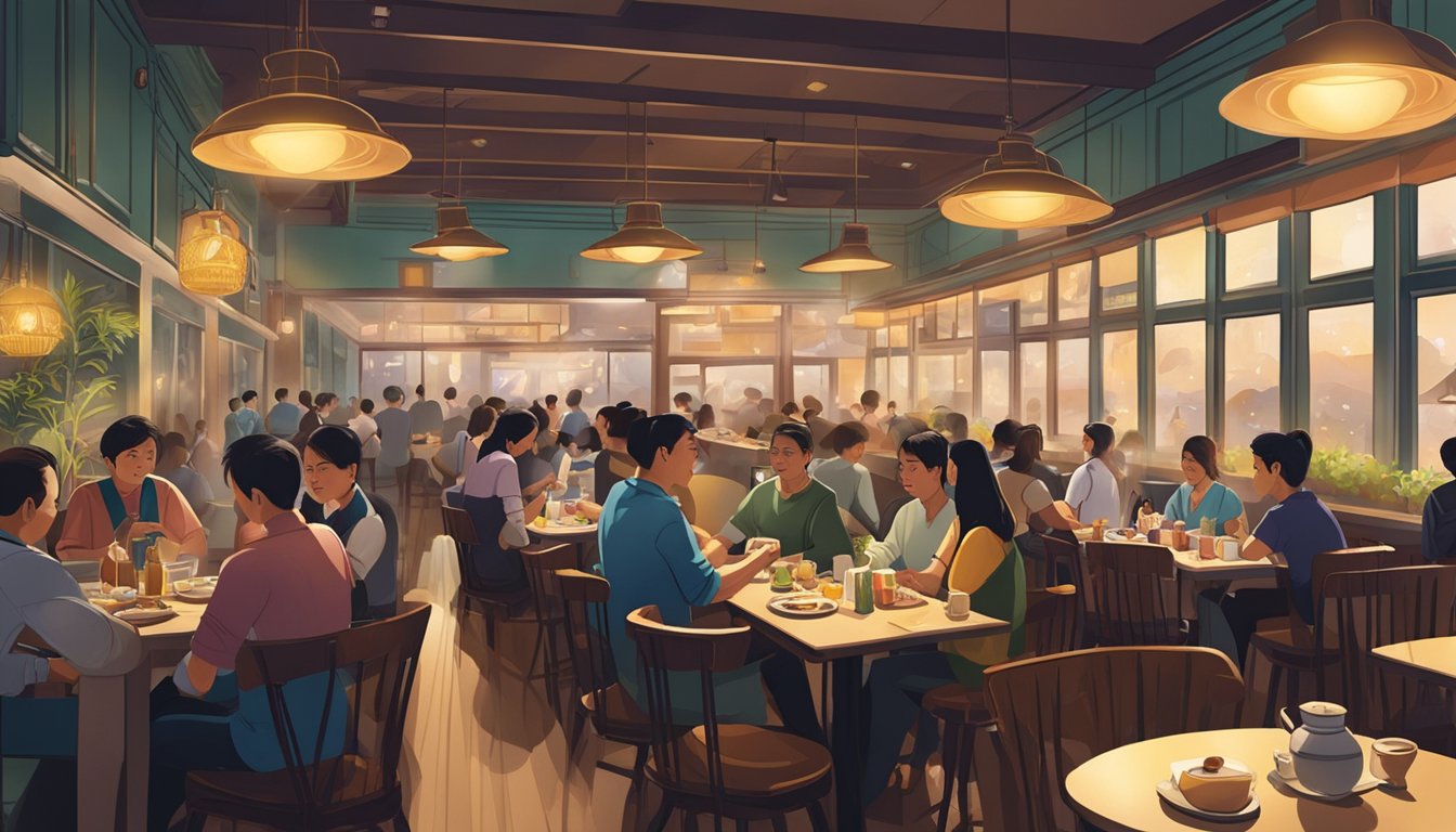 A bustling hougang restaurant with dim lighting, steaming dishes, and bustling waitstaff. Tables are filled with diners chatting and enjoying their meals