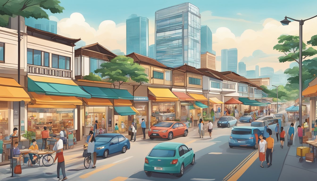 A bustling street lined with diverse eateries, from traditional hawker stalls to modern cafes, showcasing Hougang's rich culinary scene