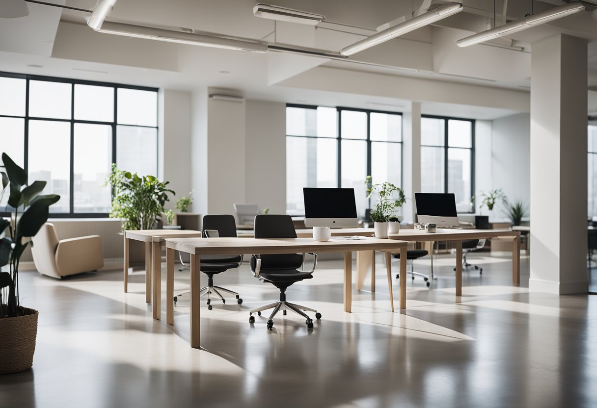 A modern, minimalist office space with clean lines, neutral color palette, and plenty of natural light. Sleek furniture and simple, functional decor create a sophisticated and inviting atmosphere