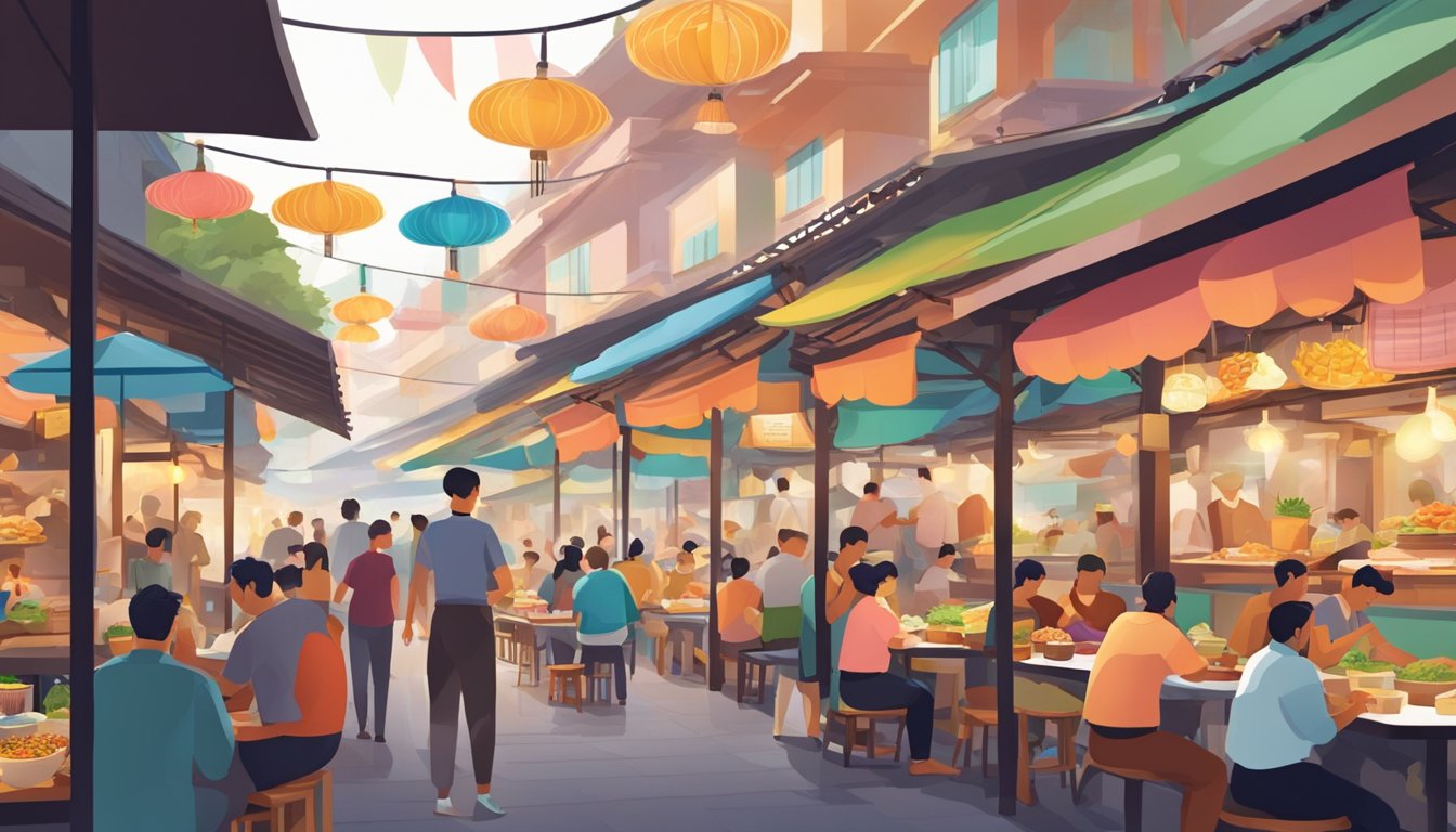 A bustling hawker center filled with a variety of food stalls, colorful signage, and lively diners enjoying their meals