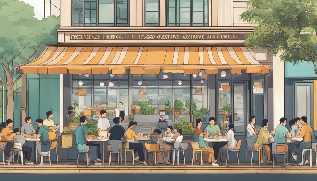 A bustling restaurant with a sign reading "Frequently Asked Questions Hougang" and a line of hungry customers waiting outside