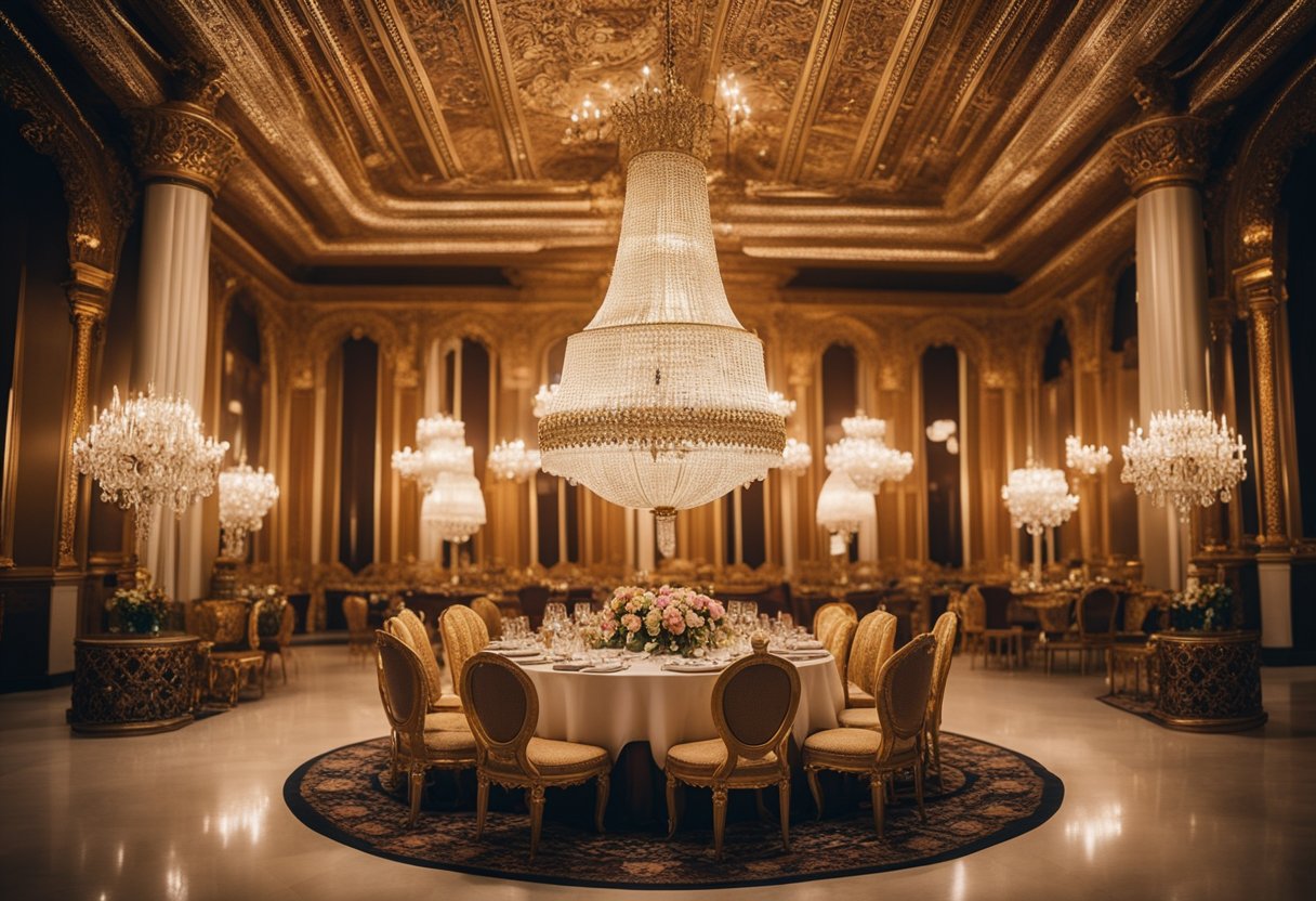 An opulent chandelier illuminates ornate, carved wooden chairs and gilded tables in a grand ballroom. Rich fabrics drape over regal sofas, while intricate details adorn every piece of royal furniture