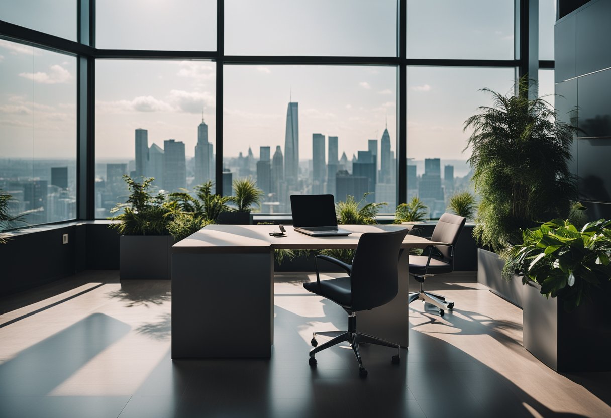 A modern office with sleek furniture, vibrant plants, and large windows overlooking the city skyline