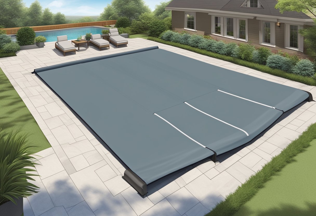 The automatic pool cover is being installed, with a focus on cost factors and considerations. The cover is being measured and adjusted to fit the pool perfectly