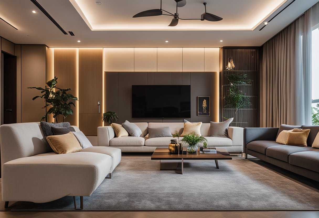 A cozy living room with modern, stylish furniture from Comfort Design Singapore. Warm lighting and plush seating create a welcoming atmosphere