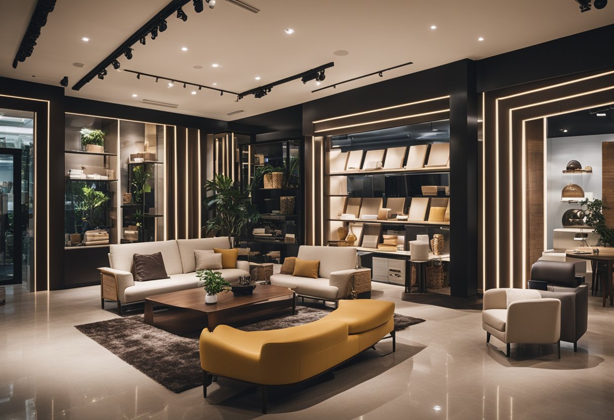 A cozy showroom with modern furniture displayed in a well-lit space at Sam Tat Furniture Singapore