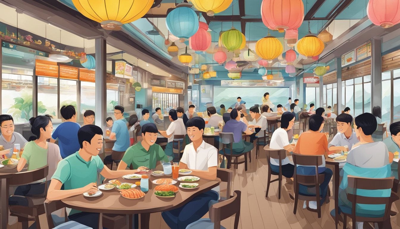 The bustling Sembawang Eating House seafood restaurant, with colorful dishes and lively conversations