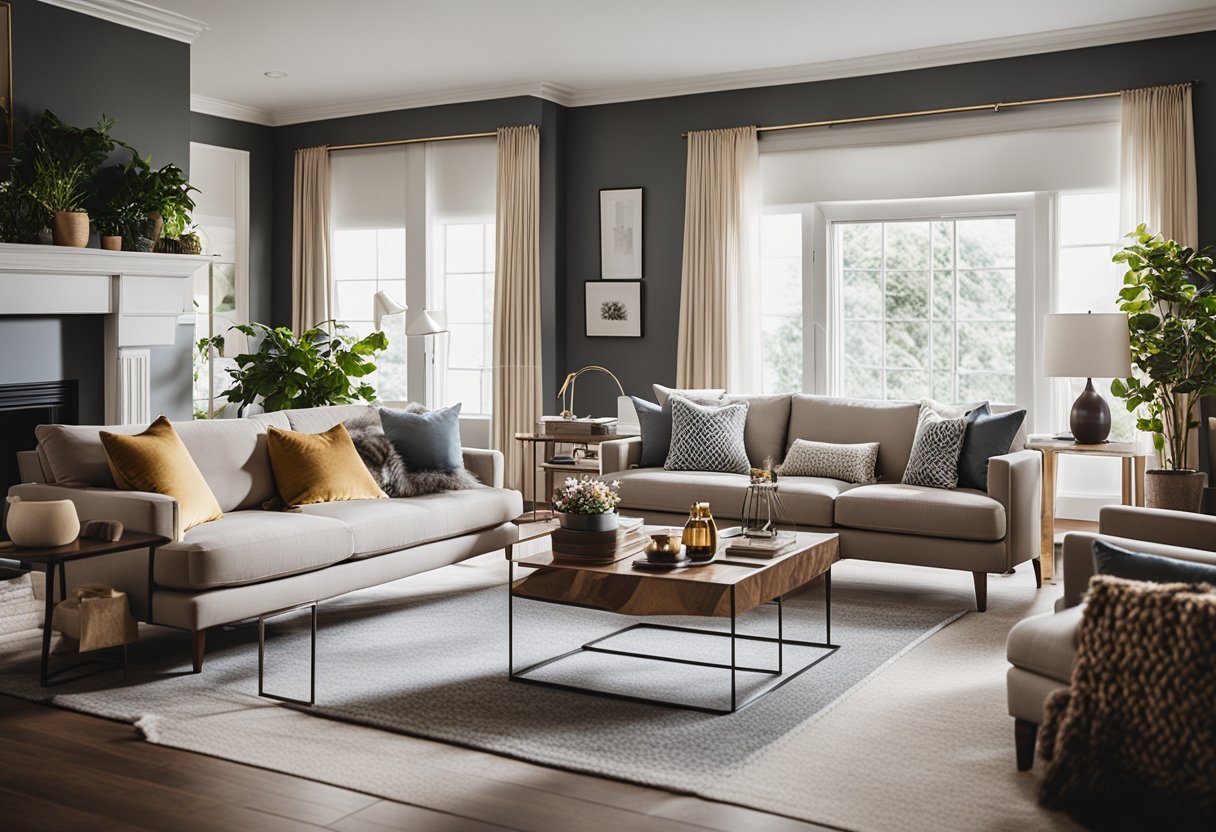A cozy living room with Comfort Design's range of furniture, including a plush sofa, sleek coffee table, and stylish accent chairs