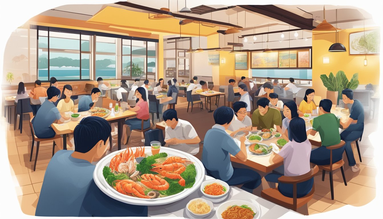 Customers enjoying fresh seafood dishes at Sembawang Eating House Seafood Restaurant. The vibrant atmosphere and delicious aromas create an inviting scene for diners