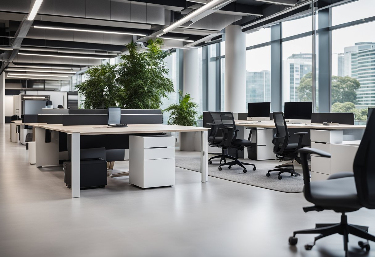 A modern office with sleek, minimalist furniture from Innovative Office Furnishings in Singapore. Clean lines, ergonomic chairs, and stylish desks create a contemporary workspace