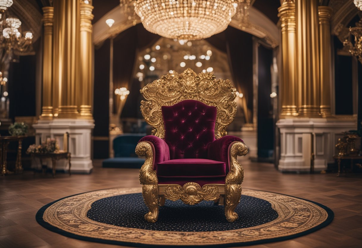 A grand, ornate throne sits atop a plush, patterned rug. Gilded furniture and opulent decor fill the room, exuding an air of regal elegance