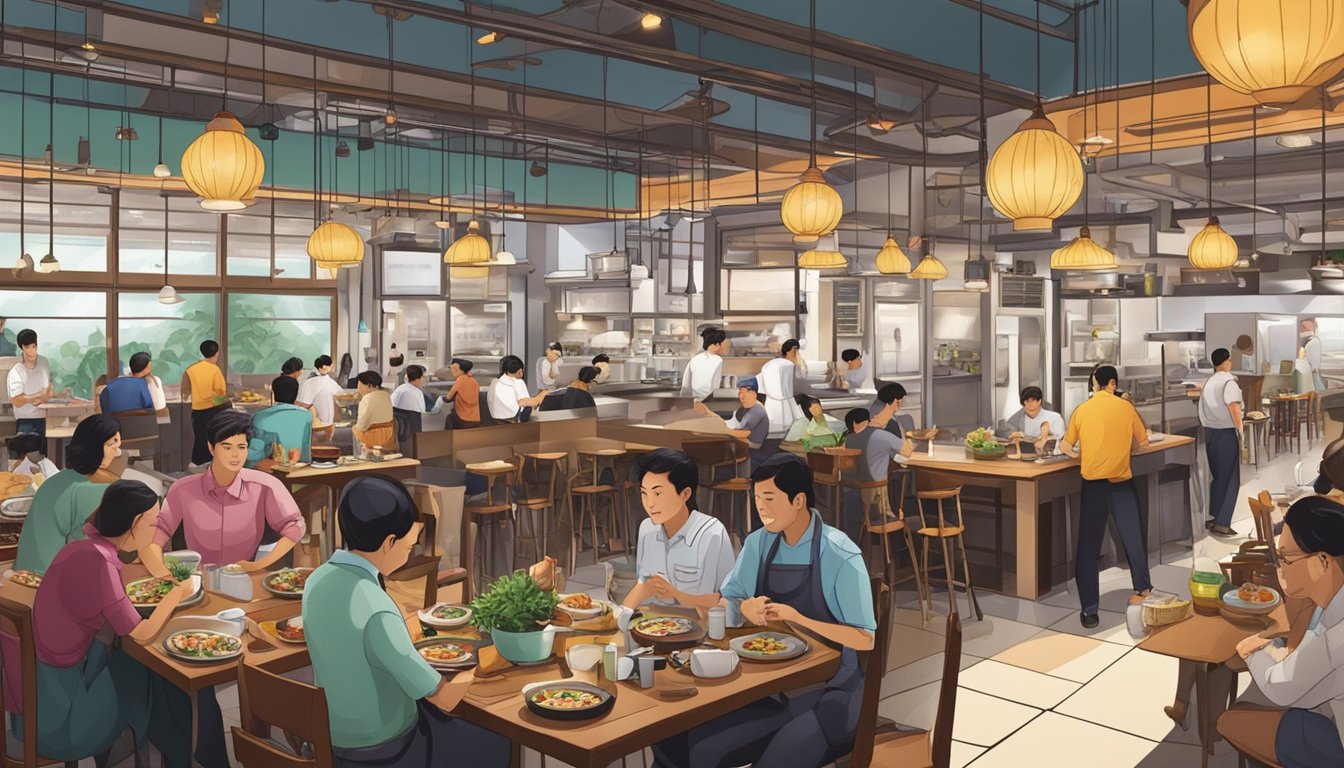 A bustling Singapore restaurant with Western cuisine. Tables filled with diverse dishes, chefs busy in the open kitchen, and diners enjoying their meals