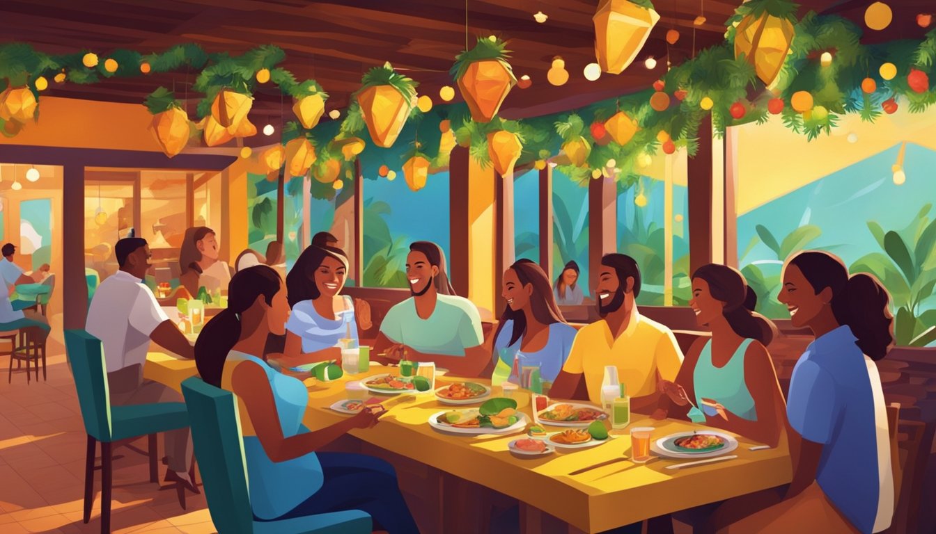 Customers enjoying Brazilian dishes in a vibrant restaurant setting, with colorful decor and lively music adding to the festive atmosphere
