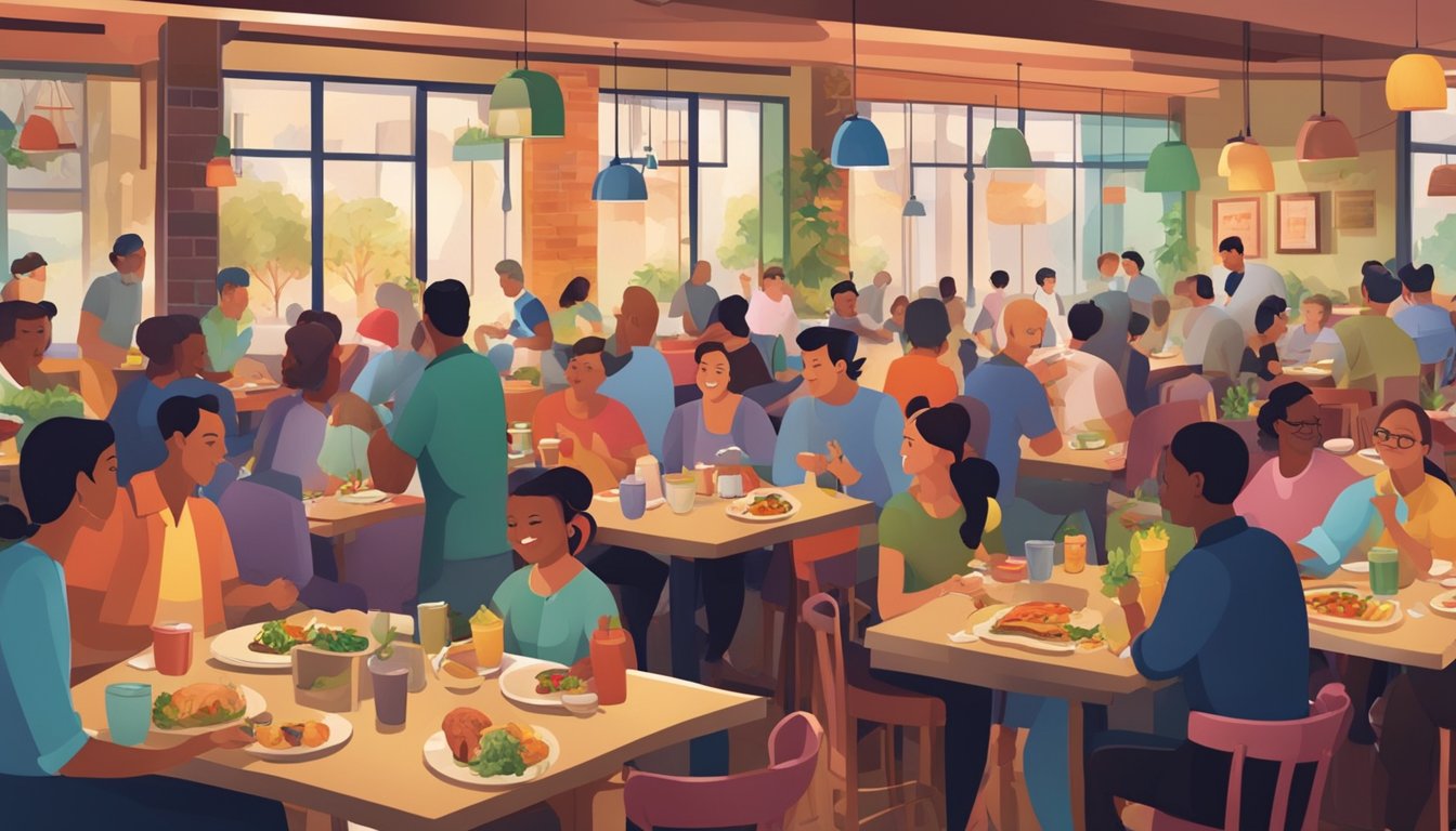 A bustling restaurant with colorful decor, steaming plates of food, and happy diners enjoying their meals