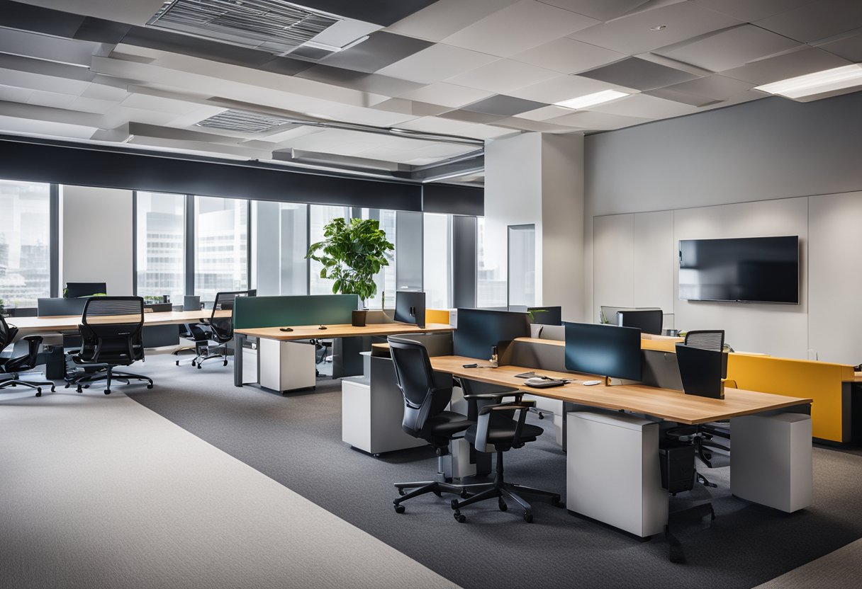 A modern office space with sleek furniture, vibrant color accents, and a welcoming reception area. Multiple workstations and meeting rooms are visible, with a focus on open collaboration and a professional yet inviting atmosphere