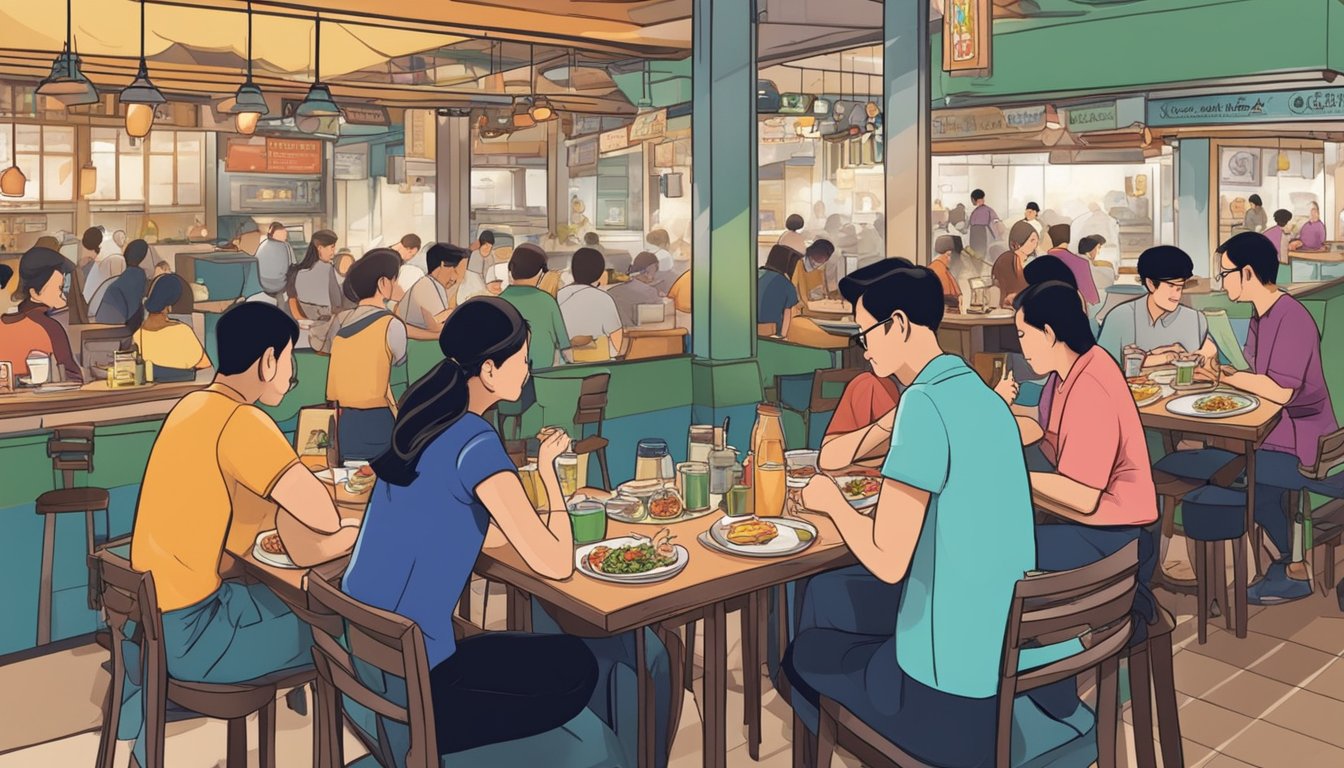 Diners enjoying diverse cuisines at bustling local eateries in Singapore