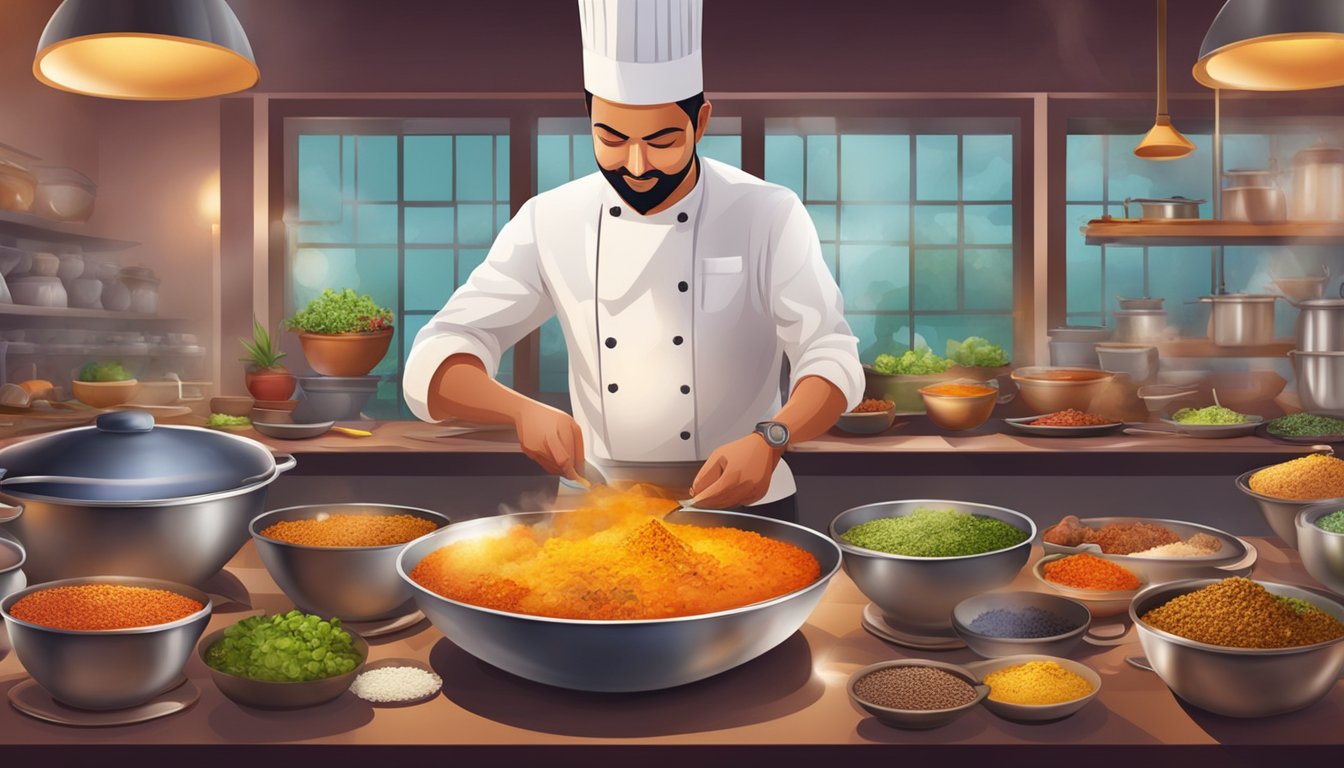 A table set with colorful dishes, steaming bowls, and vibrant spices at Suriya restaurant. A chef prepares a tantalizing meal in the open kitchen