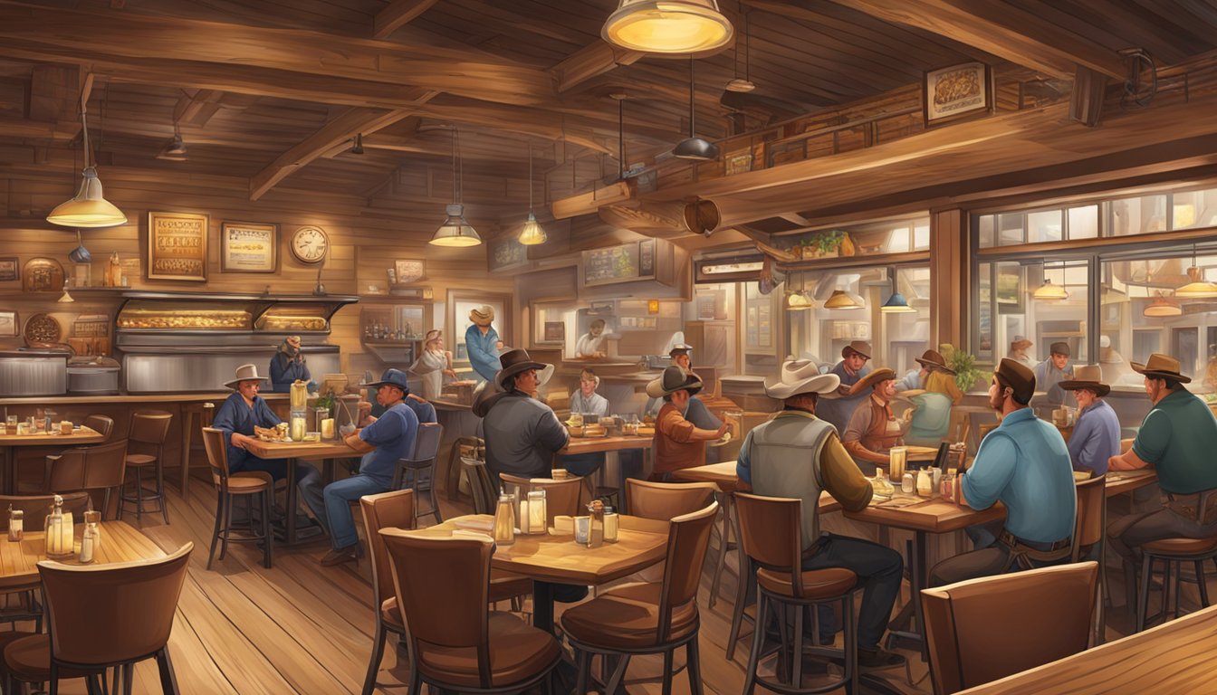 A bustling restaurant with cowboy decor, serving sizzling steaks and hearty burgers. Patrons enjoy country music and the aroma of barbecue