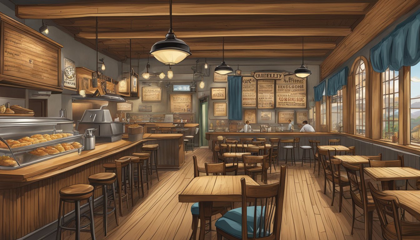 A bustling restaurant with a western theme, featuring rustic decor and a menu board displaying "Frequently Asked Questions" items