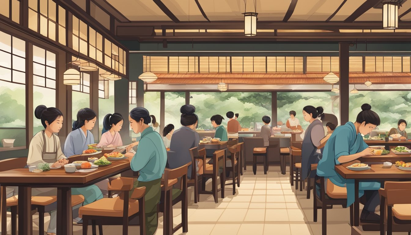 A bustling Japanese restaurant in Orchard, with traditional decor and a sushi bar. Customers enjoy their meals while chefs prepare fresh dishes