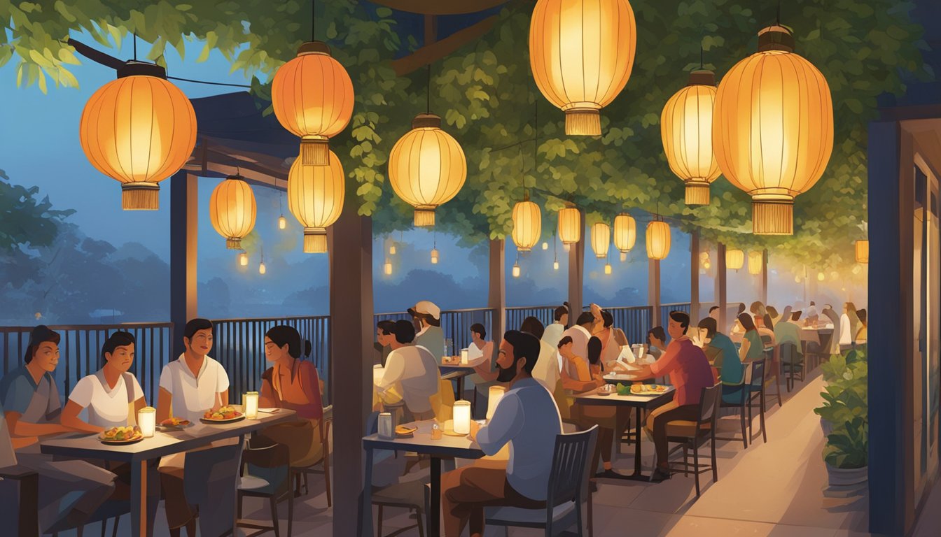 The warm glow of hanging lanterns illuminates the bustling outdoor dining area of Suriya restaurant, where colorful tables and chairs are surrounded by lush greenery and the sound of sizzling street food fills the air