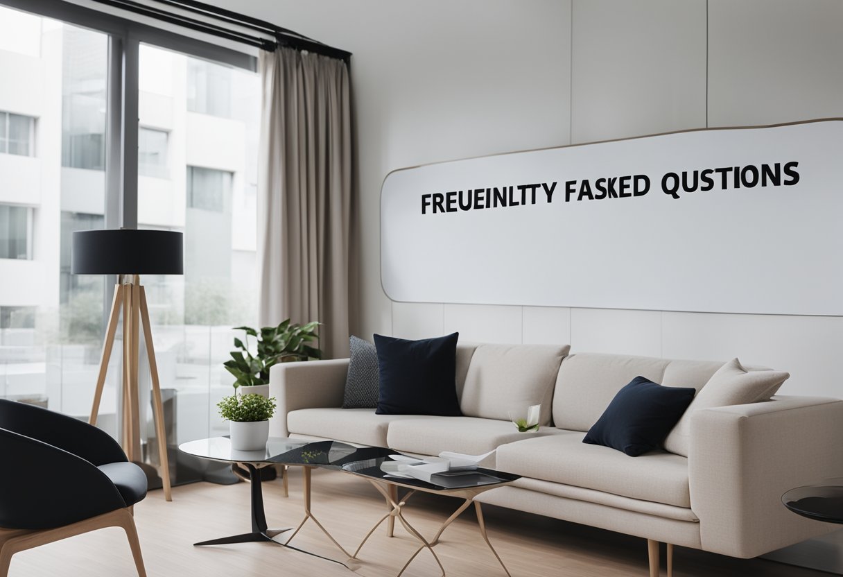 A room with a modern, minimalist design featuring sleek furniture and clean lines. A sign with "Frequently Asked Questions" is prominently displayed