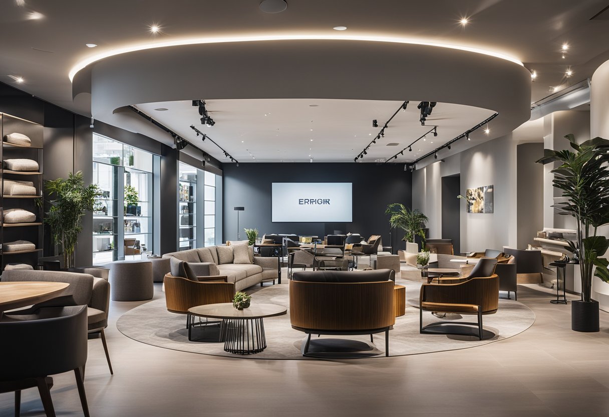 A spacious and modern showroom with sleek and stylish furniture displays, inviting customers to explore and experience the comfort and design of the products