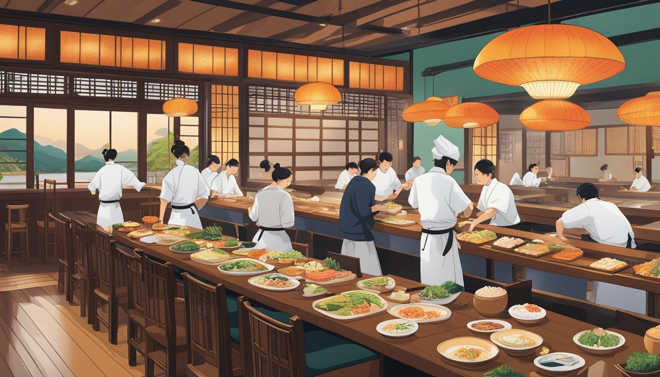 A bustling Japanese restaurant with sushi chefs crafting delicate rolls, while diners savor sizzling teppanyaki and steaming bowls of ramen. Rich aromas fill the air as colorful dishes are elegantly presented