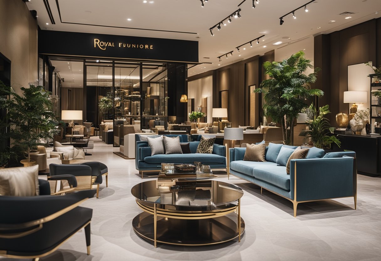 A grand showroom with elegant furniture displays, customers browsing, and staff assisting. Royal Furniture Singapore's logo prominently displayed