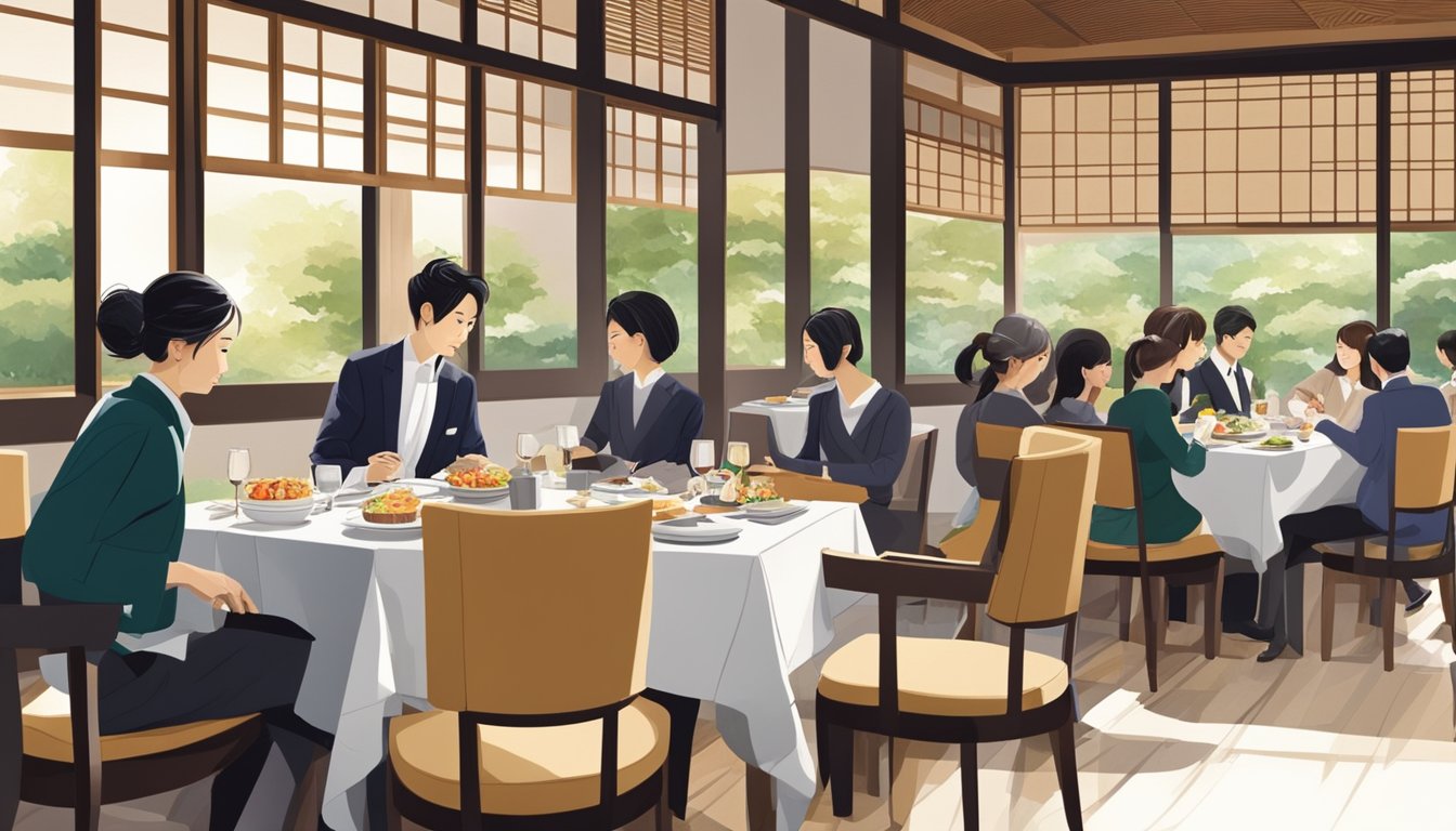 Customers seated at tables, enjoying traditional Japanese cuisine in a modern, elegant setting. Waitstaff move gracefully among the diners, tending to their needs