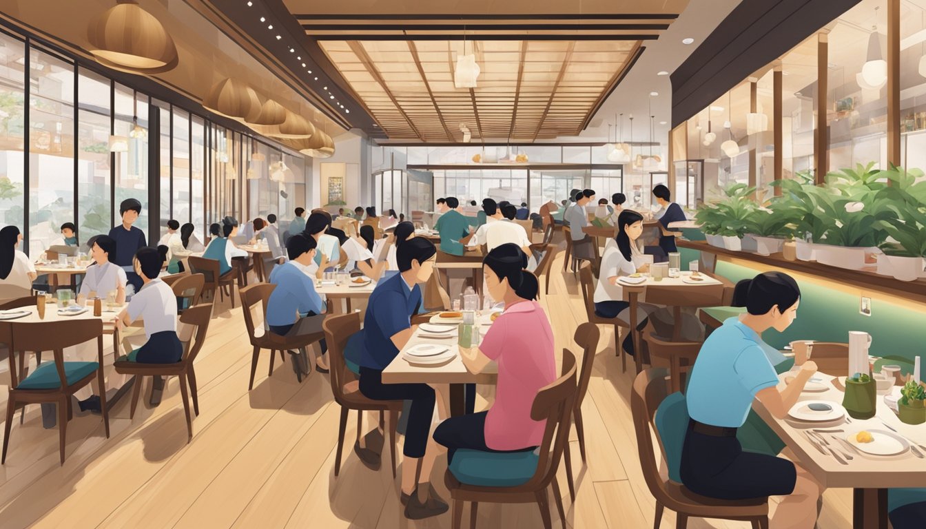 A bustling Japanese restaurant in Ion Orchard, with patrons enjoying their meals and waitstaff moving swiftly between tables