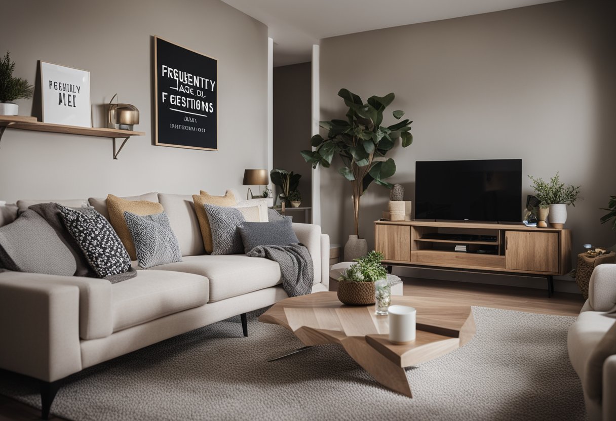 A cozy living room with modern furniture and a sign displaying "Frequently Asked Questions" in a stylish font