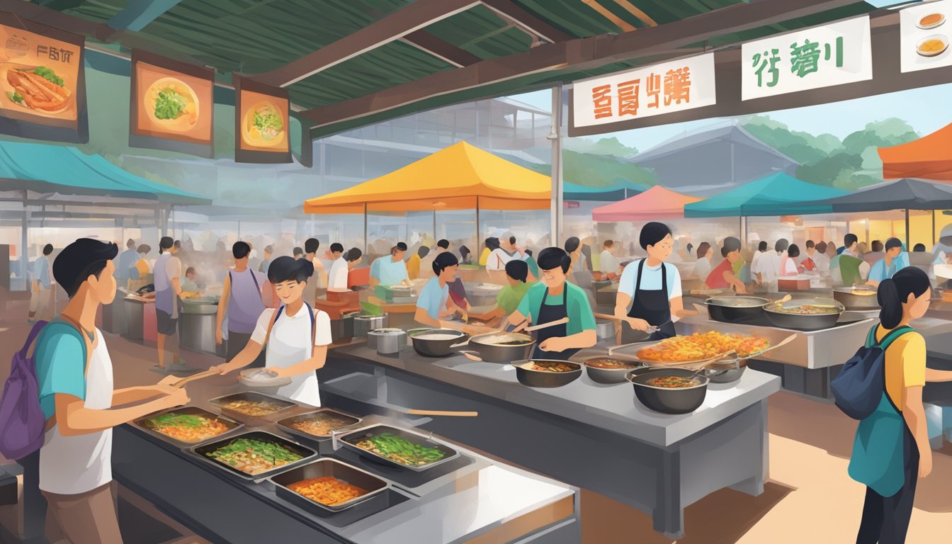 Bustling hawker center with sizzling woks, steaming pots, and colorful stalls serving up a variety of local cuisines in Singapore