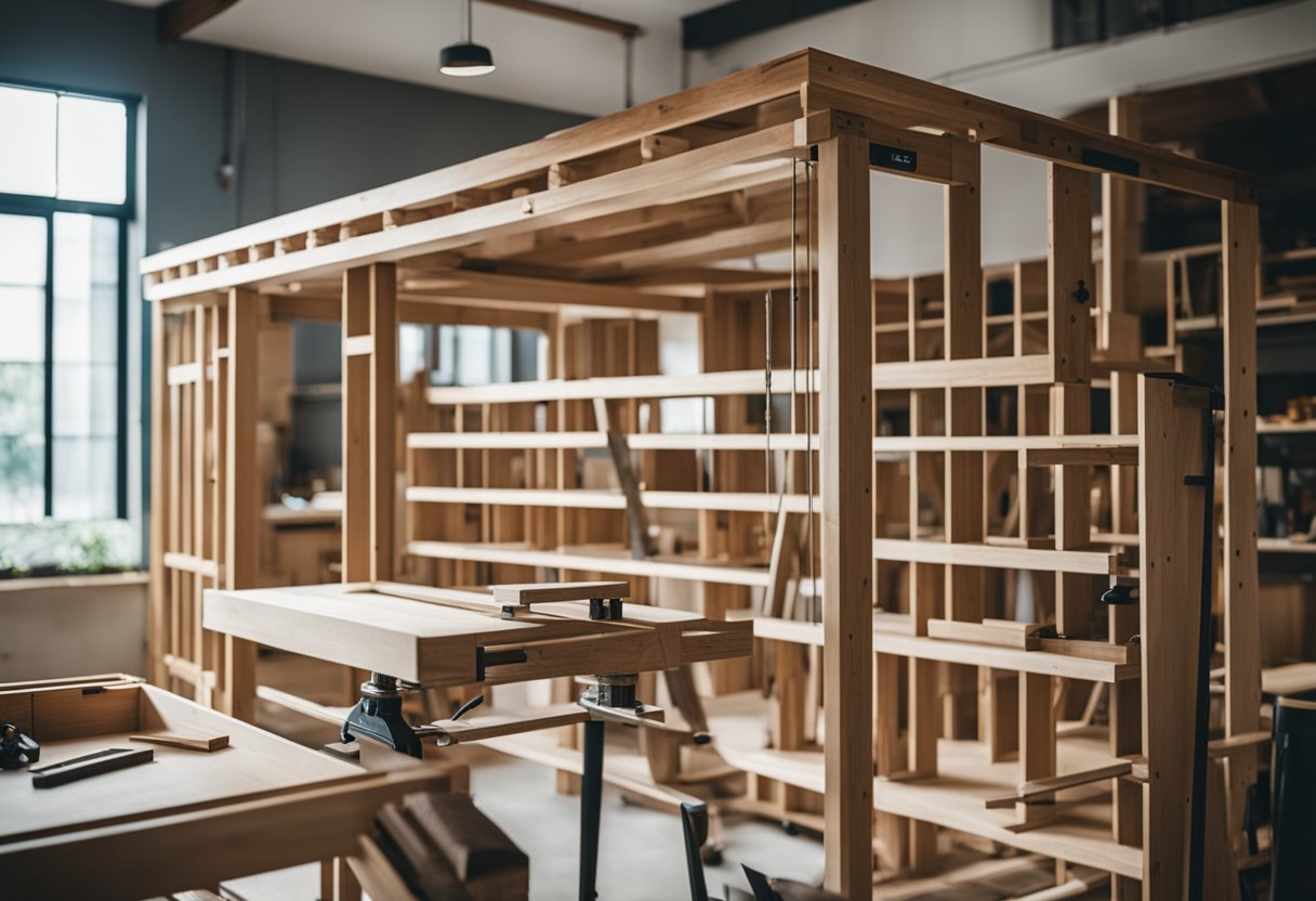 A loft bed being constructed in a carpentry workshop in Singapore