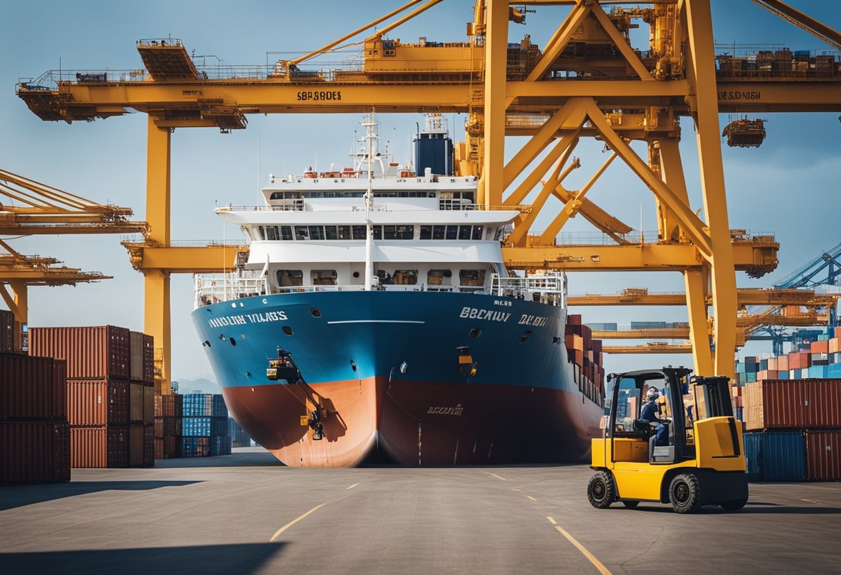 Furniture being loaded onto a cargo ship in Bali, with the Singapore skyline in the distance