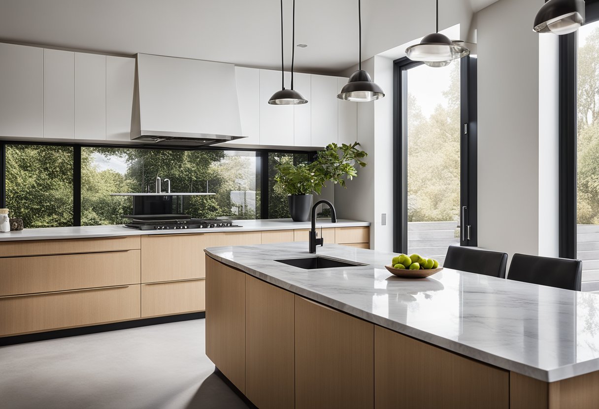 A sleek, minimalist kitchen with clean lines, light wood cabinets, and stainless steel appliances. A large island with a marble countertop sits in the center, while large windows let in natural light