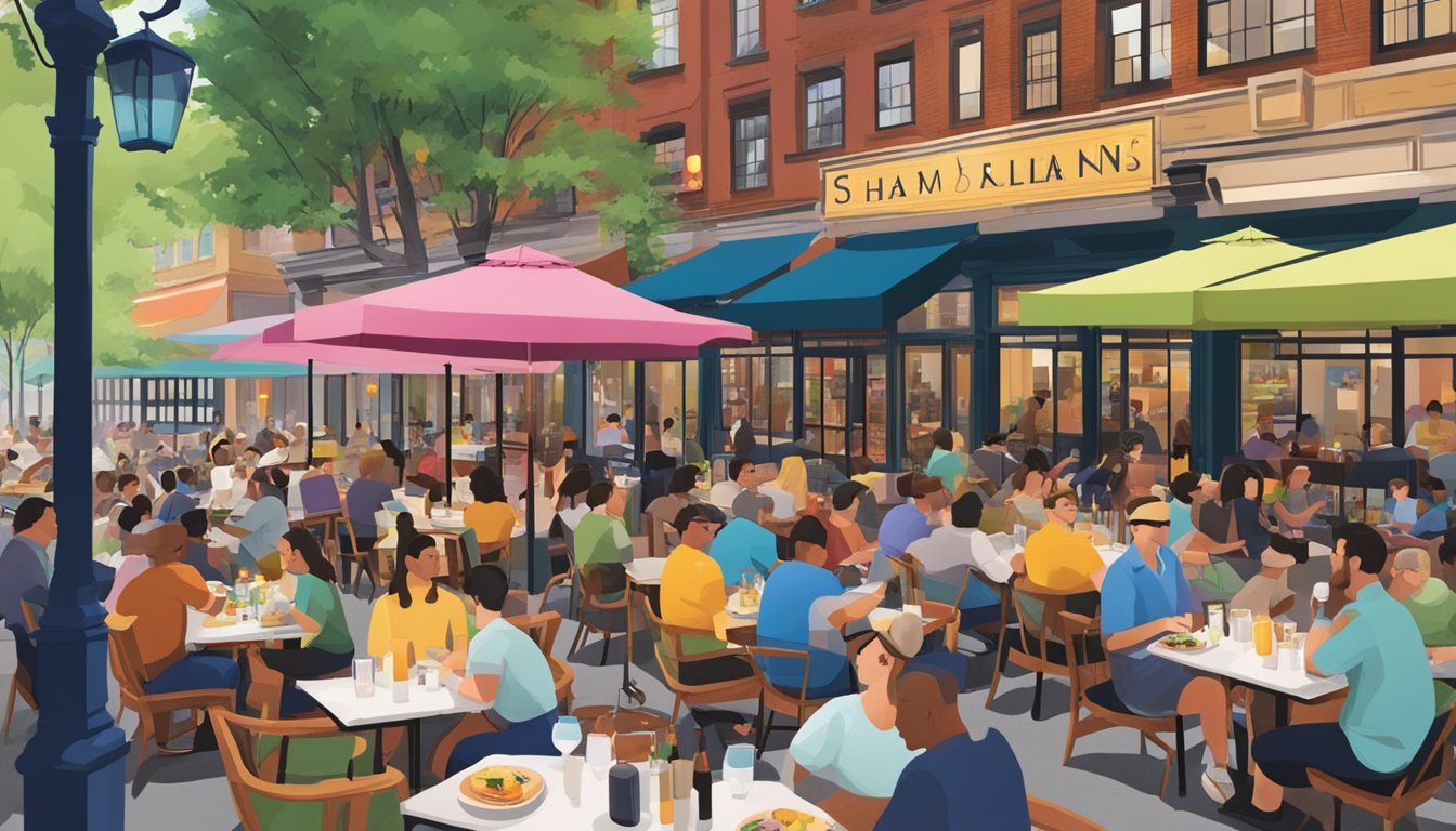 Busy shaw restaurants with outdoor seating, colorful umbrellas, and people dining