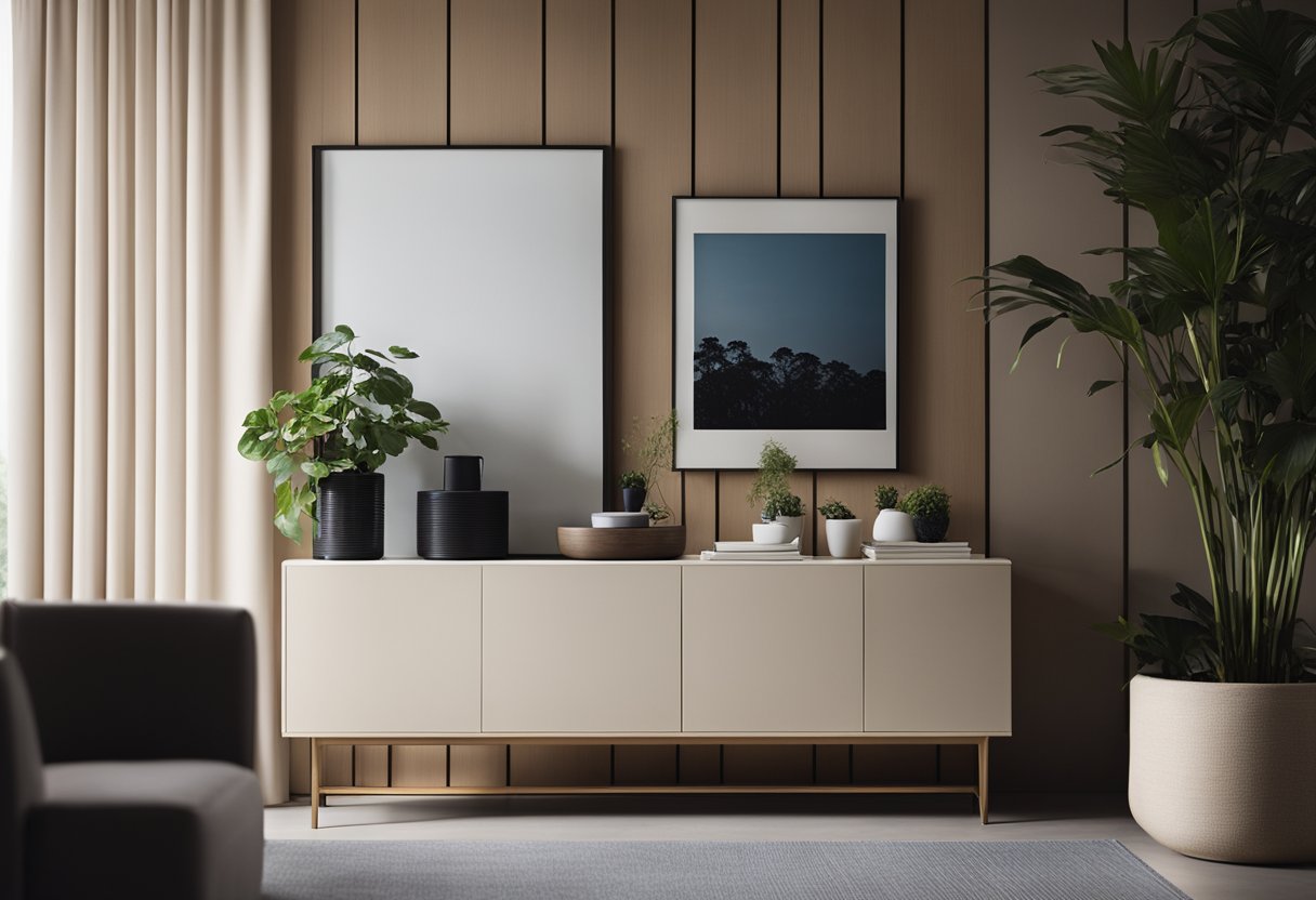 A sleek sideboard stands against a modern backdrop in a Singaporean home, showcasing clean lines and minimalist design