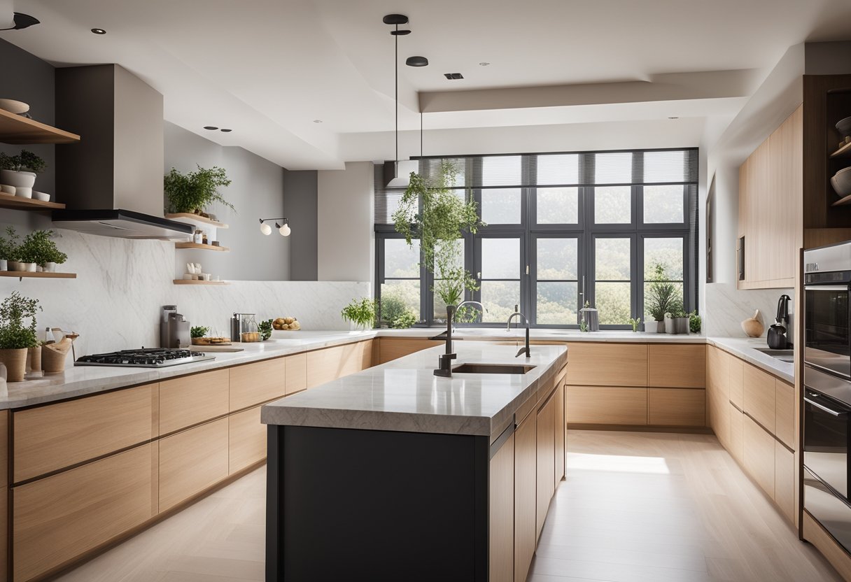 A sleek, minimalist kitchen with clean lines, light wood cabinetry, and marble countertops. A large window floods the space with natural light, showcasing the simple yet elegant design