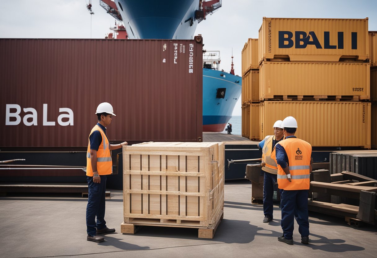 A wooden crate labeled "Bali" is carefully loaded onto a cargo ship bound for Singapore, surrounded by workers inspecting and securing the shipment