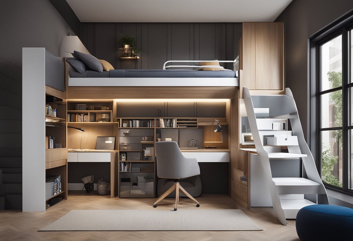A loft bed with sleek, modern design, built-in storage, and a ladder leading to the elevated sleeping area. The carpentry work is precise and clean, showcasing expert craftsmanship