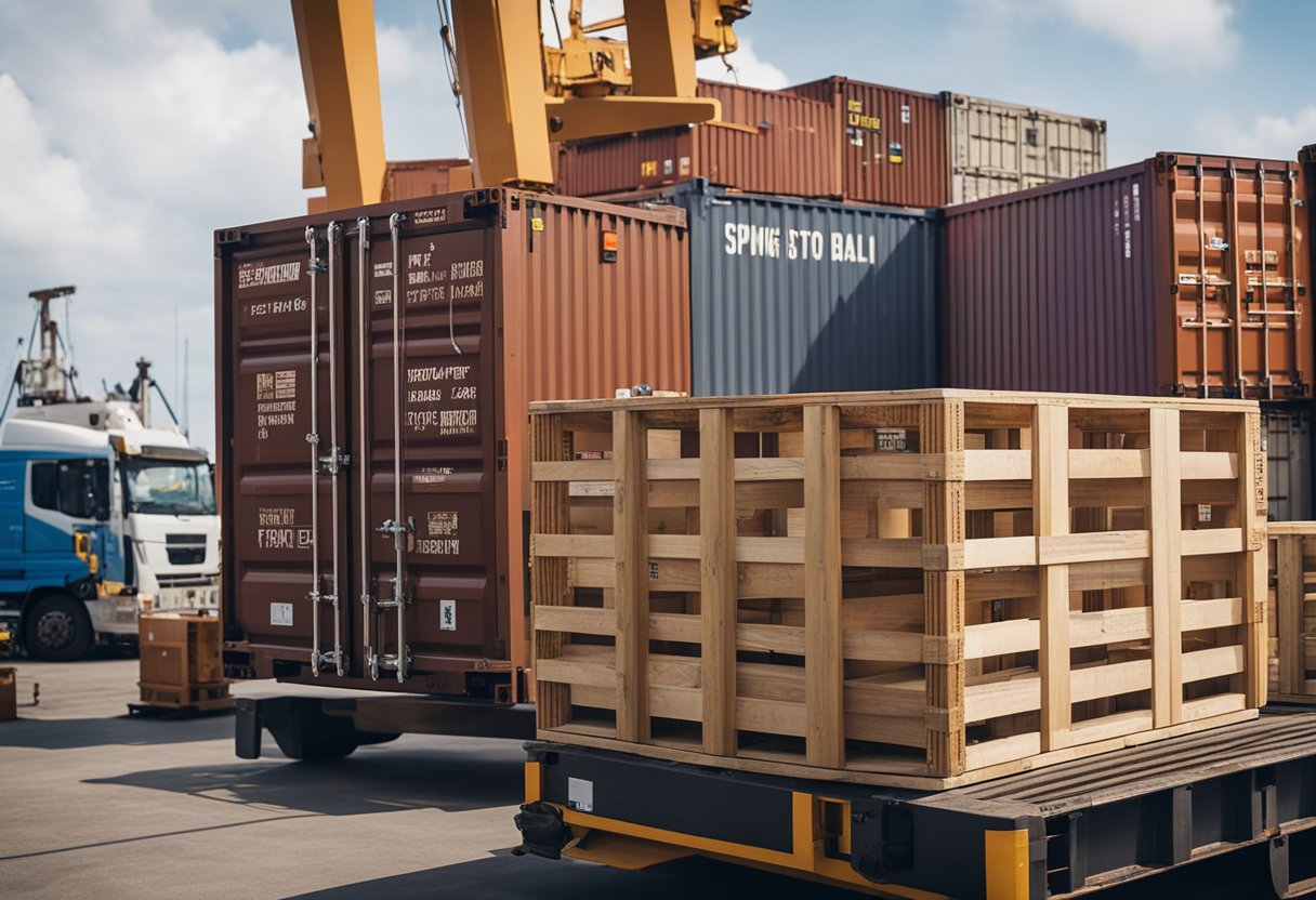 A large wooden crate labeled "Frequently Asked Questions: Shipping Furniture from Bali to Singapore" being loaded onto a cargo ship at a bustling port