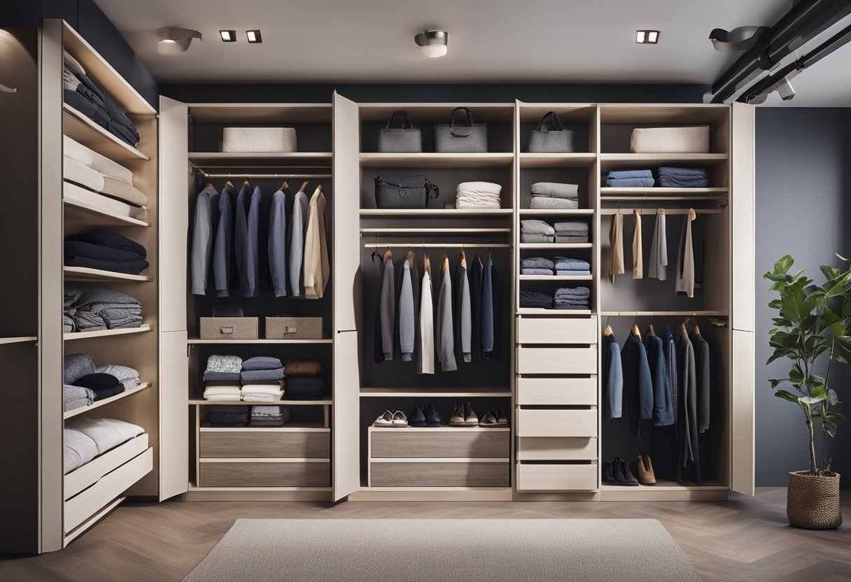 A spacious, organized wardrobe with custom-built shelves and drawers, filled with neatly folded clothes and neatly hung garments