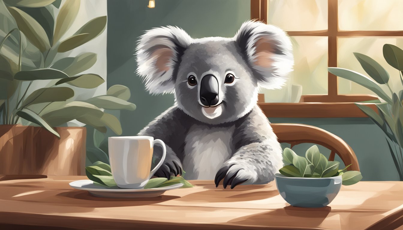 A koala sits at a table in a cozy restaurant, surrounded by eucalyptus leaves and a warm, inviting atmosphere