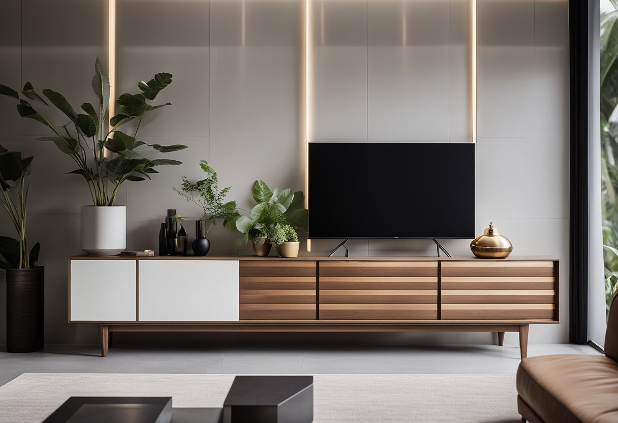 A sleek, modern sideboard sits against a backdrop of minimalist decor, showcasing its elegant design and functionality in a contemporary Singaporean home