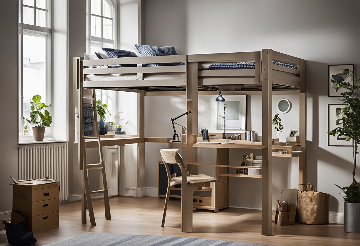 A loft bed is being installed in a spacious, well-lit room. Aftercare involves checking for stability and ensuring all components are securely in place
