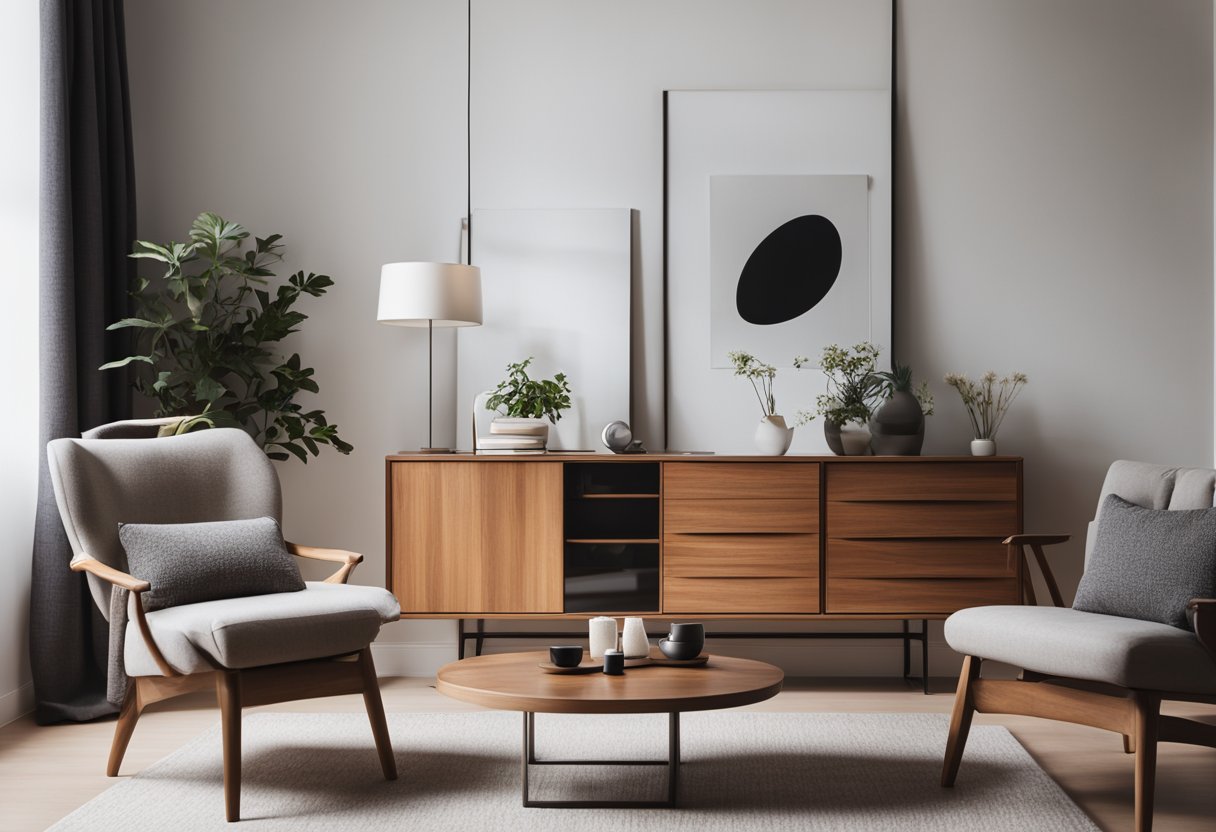A modern living room with a sleek, wooden sideboard against a white wall, adorned with minimalist decor and surrounded by cozy seating